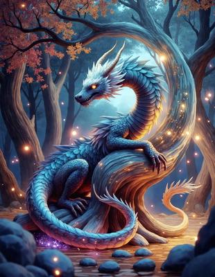 The primary subject of the image is a blue dragon sitting on a rock. The dragon appears to be made of light blue and white colors, giving it a serene and majestic appearance. The setting is a forest, with trees visible in the background. The visual style of the image is digital art, as it is a well-crafted and detailed illustration. The colors and mood of the image are calming and peaceful, with the blue dragon as the focal point.